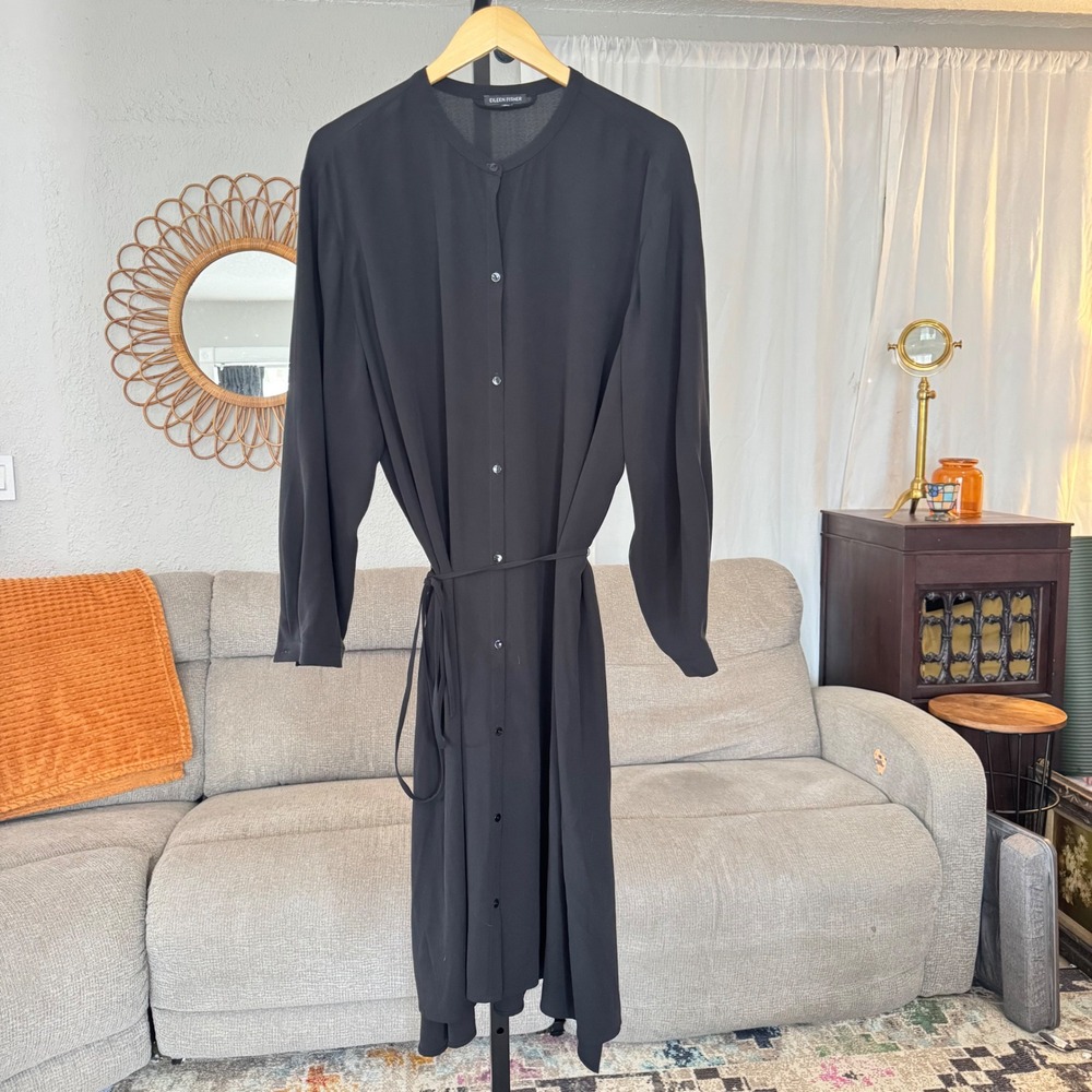 Eileen Fisher Shirt Dress XL Black 100% Silk Long Sleeve Belt Midi Quiet Luxury